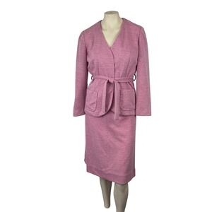 Vintage 70s Pink Textured Knit Skirt Suit Belted Blazer & Midi Skirt Set Mod